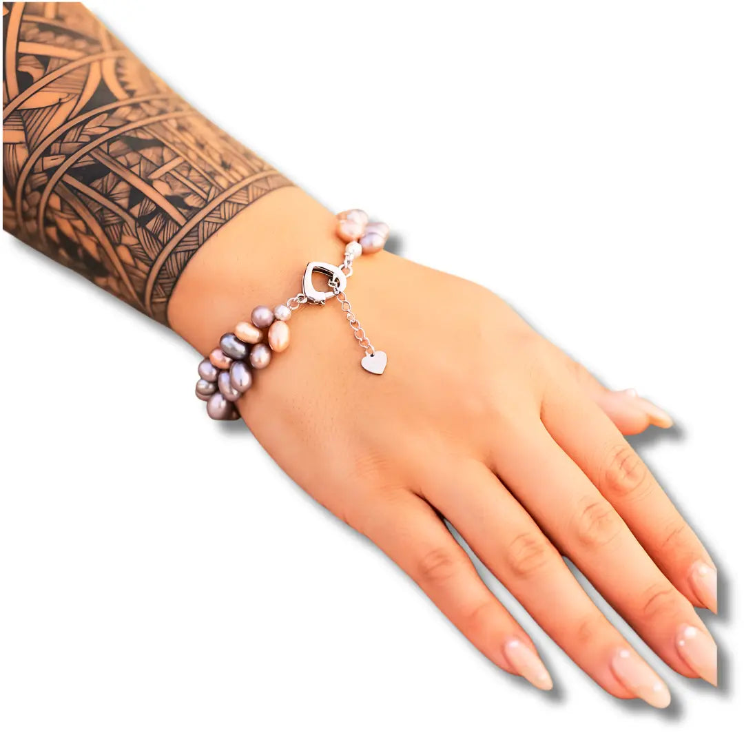 Silver Multi-Color Freshwater Pearl Link Bracelet – Rice Pearl Adjustable Heart Clasp Bracelet for Women