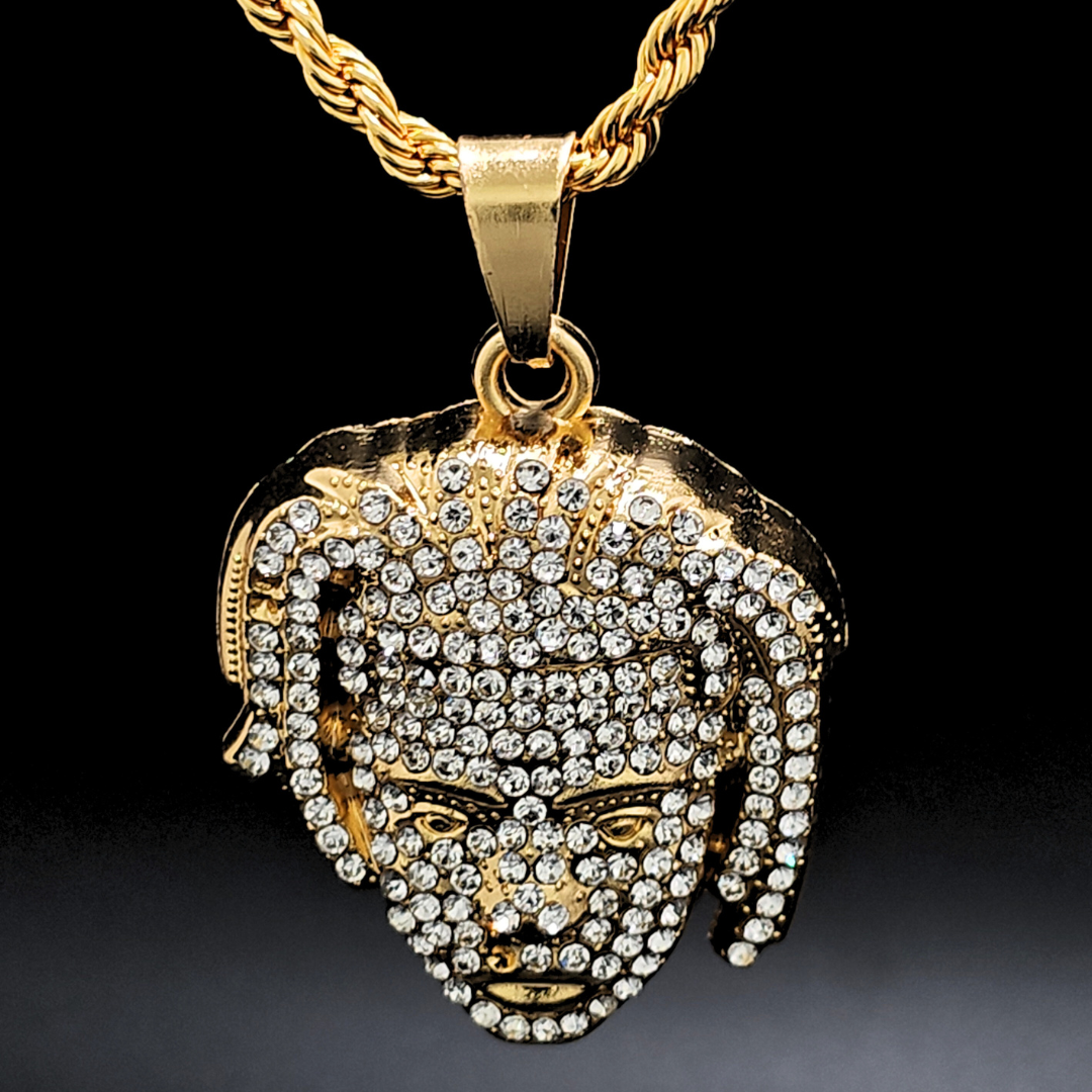 Gold Filled Micro Paved Face Rhinestone Pendant Necklace