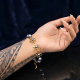 Gold Tone Dark Grey Pearl & Floral Link Bracelet – Nature-Inspired Openwork Flower Charm Bracelet (21cm + 5cm Extender) for Women