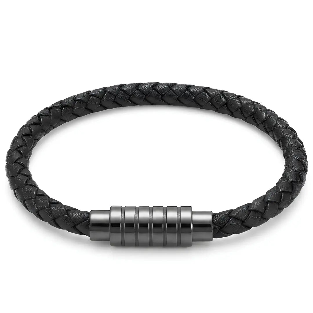 Braided Black Leather Bracelet with Gunmetal Magnetic Clasp (21cm) – Rugged Men's Casual Wristwear