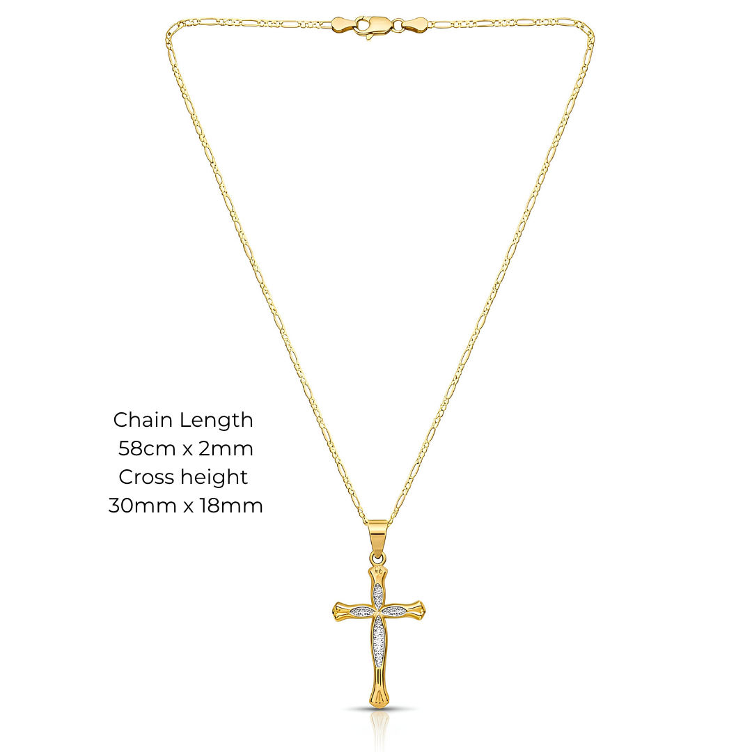 18K Gold Filled Pavé Cross Pendant Necklace – 58cm 2mm Figaro Chain Flared Cross Necklace for Men & Women