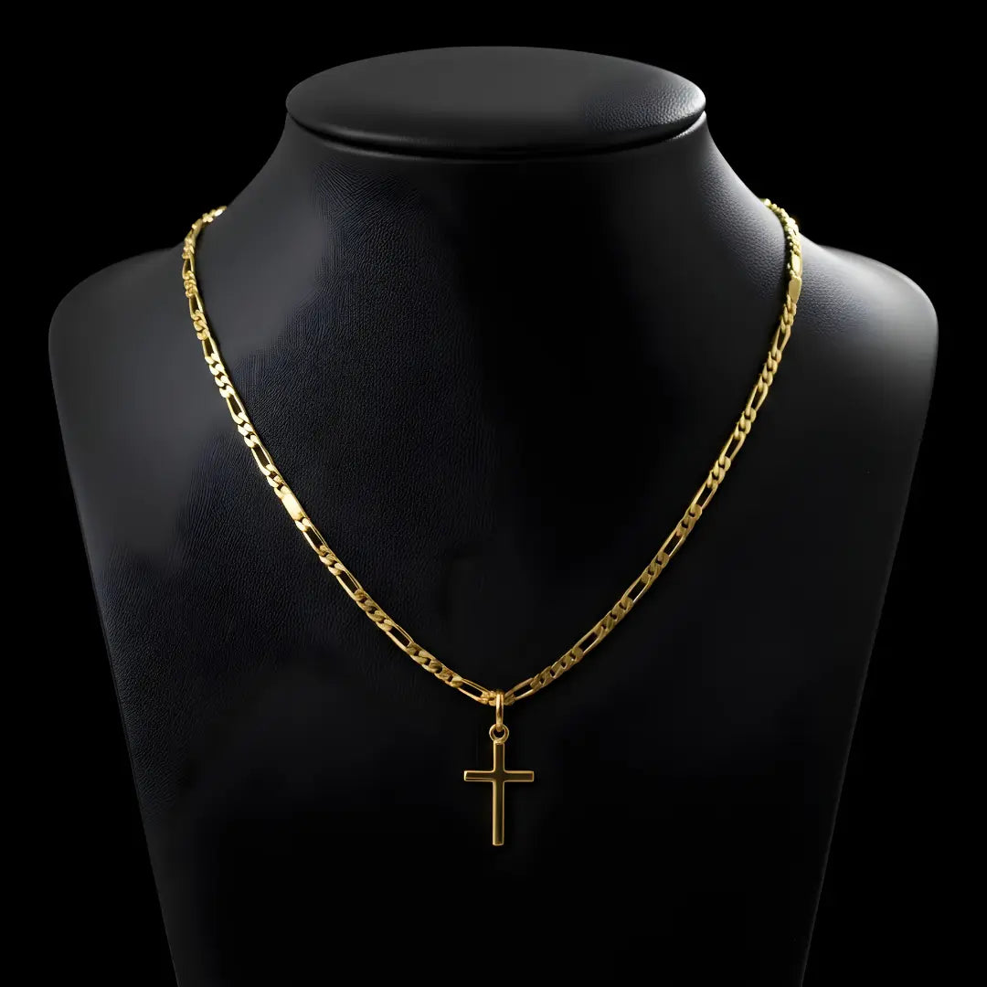 14K Gold Filled Minimalist Latin Cross Pendant Necklace – 58cm 2mm Figaro Chain Classic Faith Necklace for Men & Women