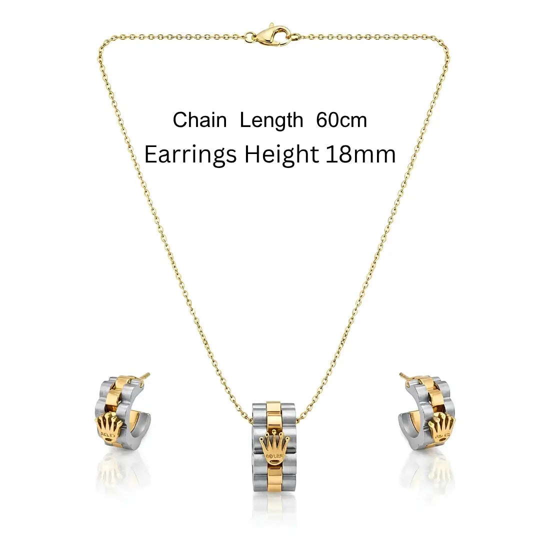 18K Gold Filled Two-Tone Crown Pendant Necklace & Hoop Earrings Set – 60cm Cable Chain & 18mm Matching Hoops for Women & Men