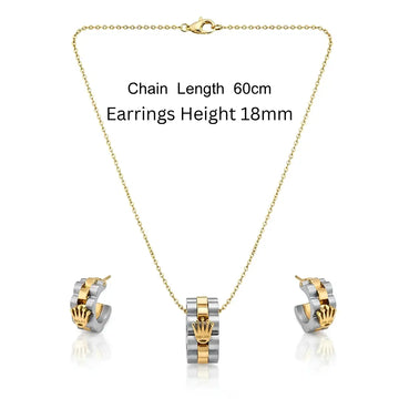 18K Gold Filled Two-Tone Crown Pendant Necklace & Hoop Earrings Set – 60cm Cable Chain & 18mm Matching Hoops for Women & Men