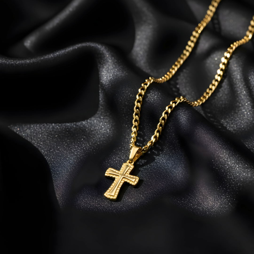18K Gold Filled Cross Pendant Necklace with Cuban Link Chain