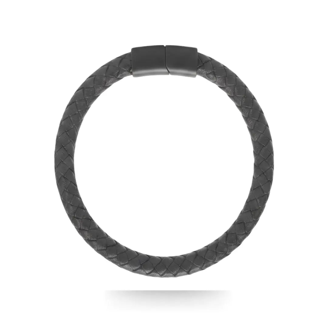 Men’s Black Braided Leather Bracelet (21cm / 12mm) – Rugged Woven Leather Wristband with Matte Black Bayonet Clasp