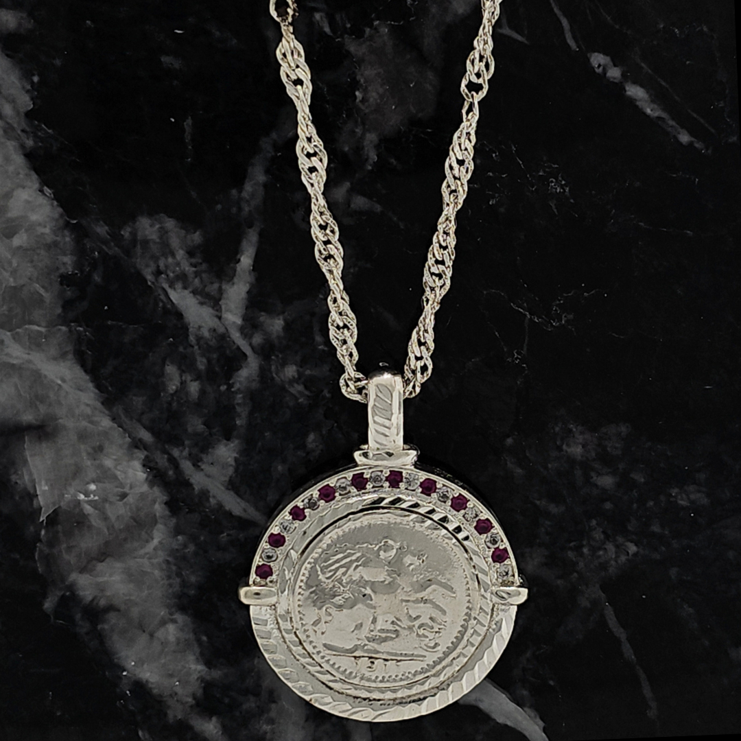 Silver Rhodium Plated Sovereign  Pendant With Ruby & CZ