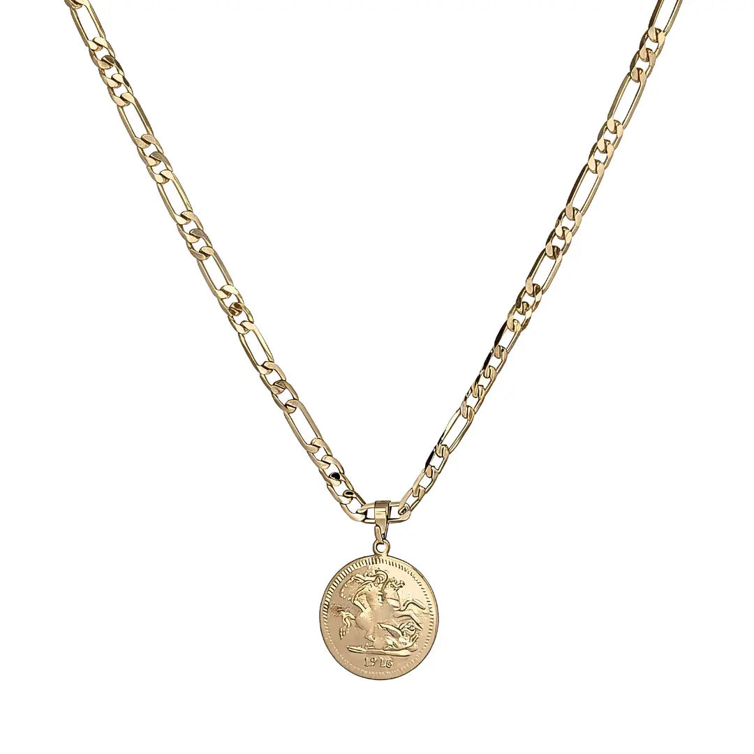 18K Gold Filled 1918 Sovereign Coin Pendant Necklace – 24mm x 24mm Medallion with 60cm 4mm Figaro Chain for Men & Women
