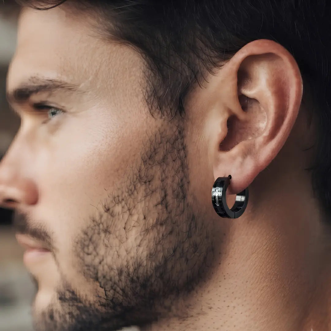 Men’s Black Cross Hoop Earrings (18mm) – Bold Stainless Steel Dangle Huggie Earrings for Modern Street Style