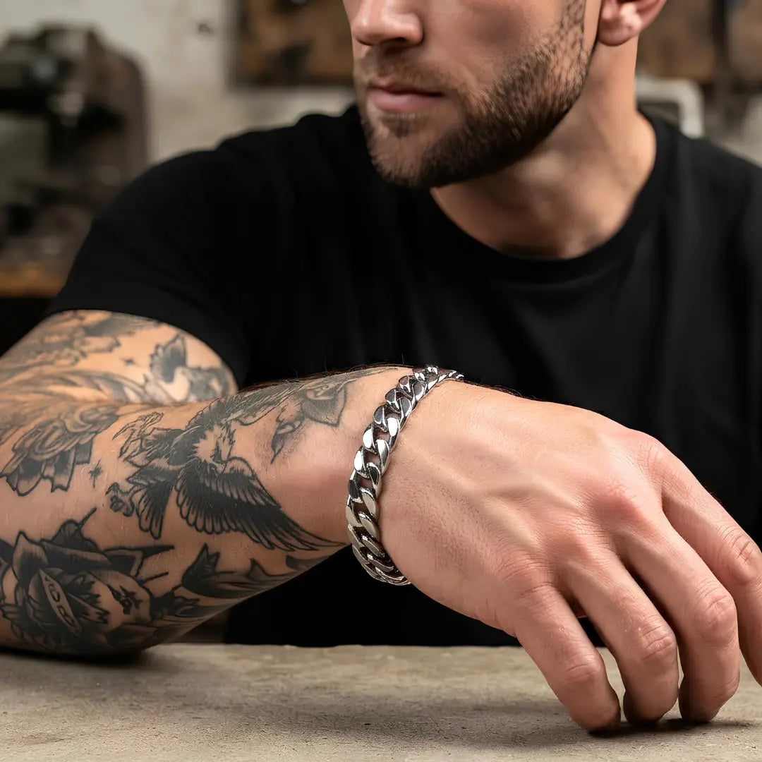 Silver Stainless Steel Cuban Link Bracelet – 23cm 14mm Bold Curb Chain with Double Safety Box Clasp for Men