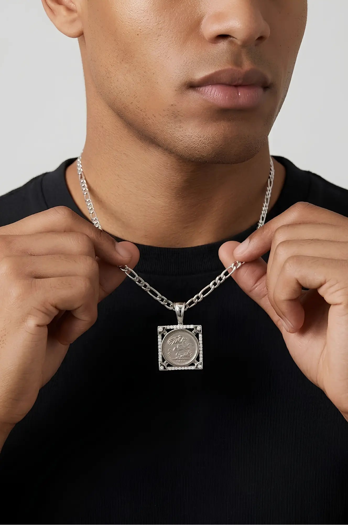 Silver Rhodium Plated Square Sovereign Pendant Necklace