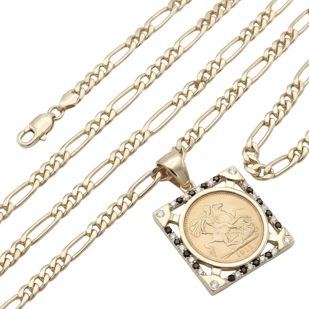 18K Gold Filled Square Sovereign With Black & White Diamonds