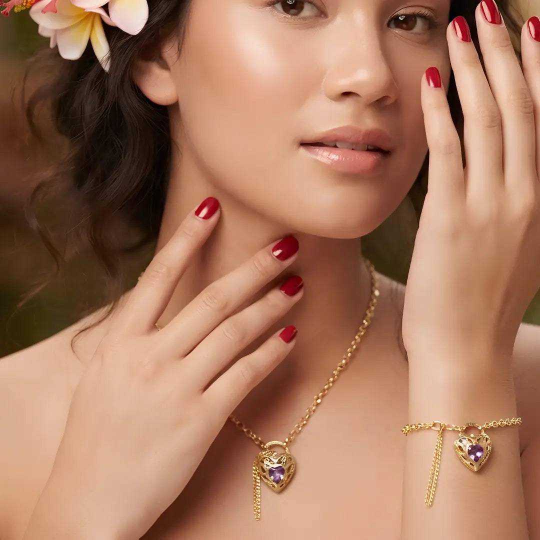 18K Gold Filled Belcher Chain Heart Necklace & Adjustable Bracelet Set – Tarnish-Proof Floral Crystal Jewelry