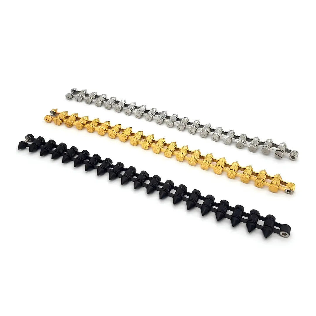 Geometric Spike Mesh Bracelet – 21cm 18mm Dual-Spike Link Punk Statement Cuff in Gold, Black & Silver for Men