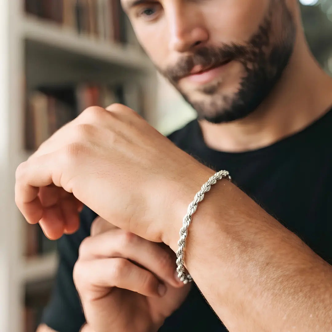Silver Rope Chain Bracelet – 21cm 6mm Twisted Spiral Link Bracelet with Lobster Clasp for Men