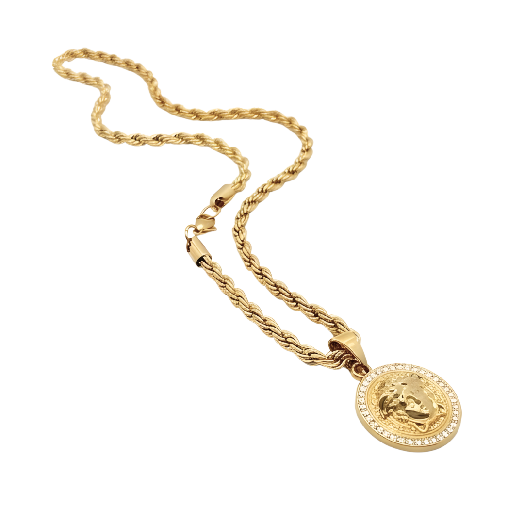 18K Gold Filled Iconic Greek Face Pendant with Diamonds