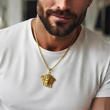 18K Gold Filled Men's Detailed Head Pendant Necklace – 25mm Medallion with 60cm Rope Chain