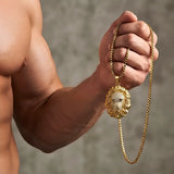 14K Gold Filled Lion Head Pendant Necklace with Pavé Crystal Details – 55mm x 35mm Statement Medallion with 65cm x 4mm Box Chain for Men