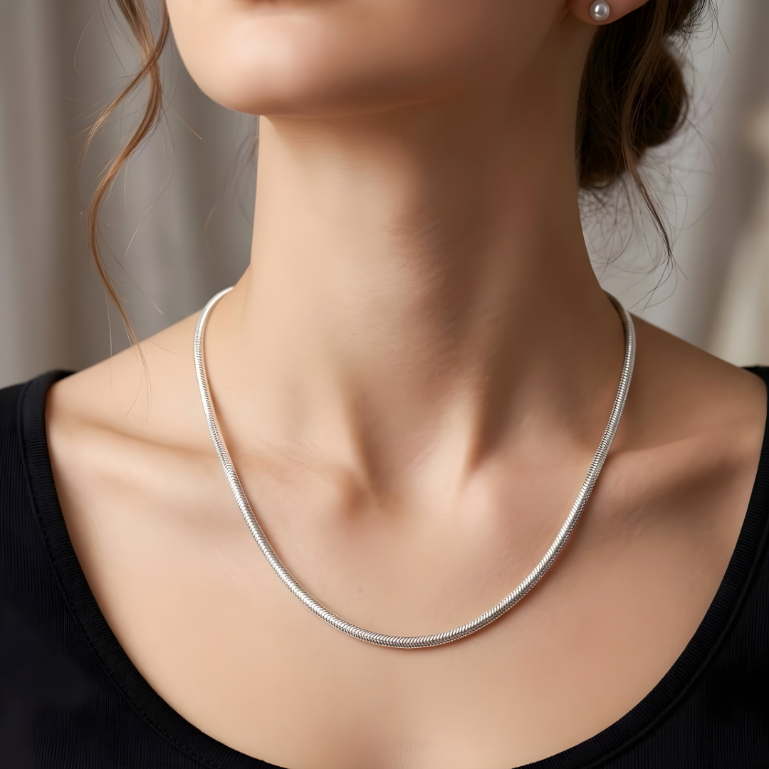 Silver Round Snake Chain Necklace (50cm x 4mm) – Flexible Liquid Silver Collar Necklace for Women & Men