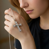 Silver Rhodium Plated Crucifix Cross Pendant Necklace with Diamonds – Vintage Filigree Diamond-Set Crucifix for Men & Women