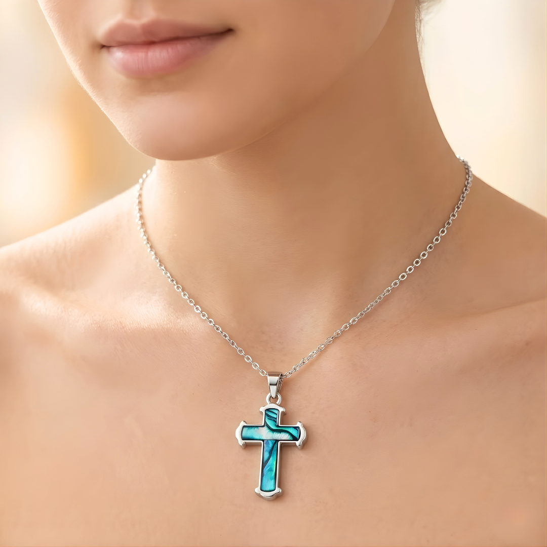 Silver Paua Shell Cross Necklace  45cm Cable Chain