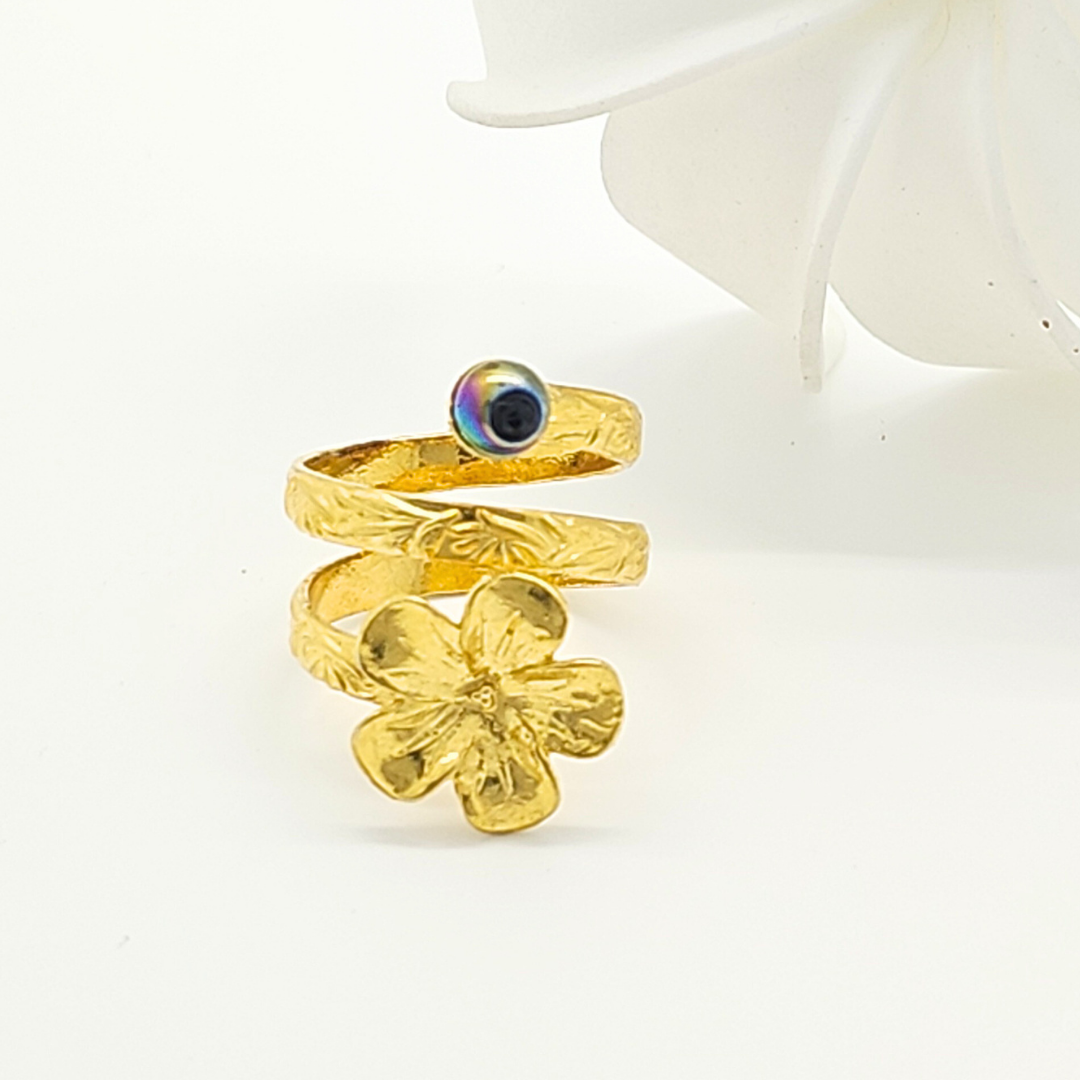18K Gold Filled Hawaiian Plumeria Ring with Black Pearl