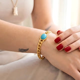 22CM X 12MM 18K Gold Filled Tarnish-Proof Cuban Link Chain Bracelet with Turquoise Oval Stone