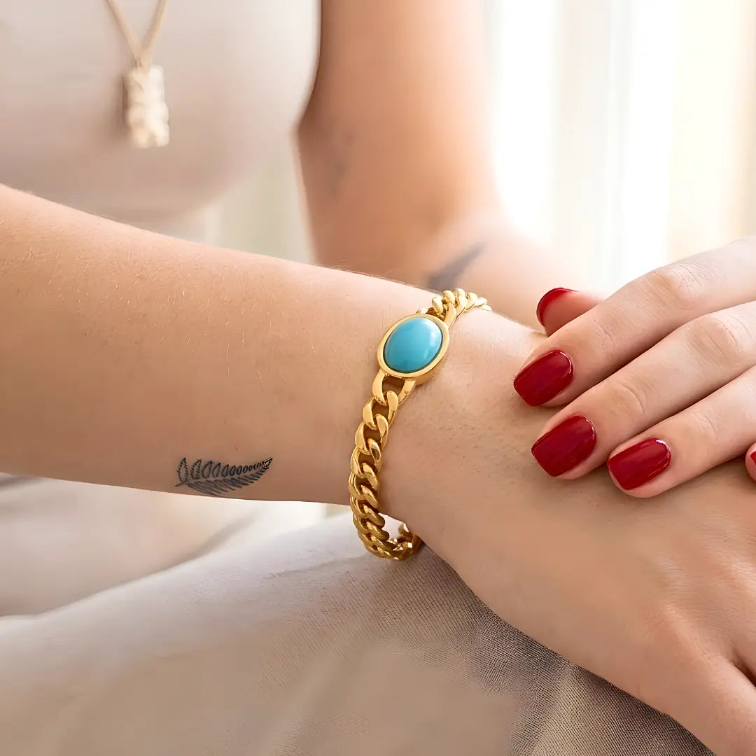 22CM X 12MM 18K Gold Filled Tarnish-Proof Cuban Link Chain Bracelet with Turquoise Oval Stone