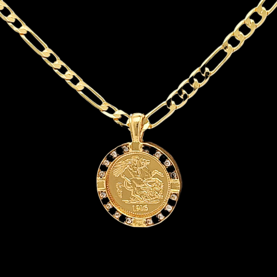 Gold Filled Tarnish Proof Sovereign Pendant with Black Stones & CZ