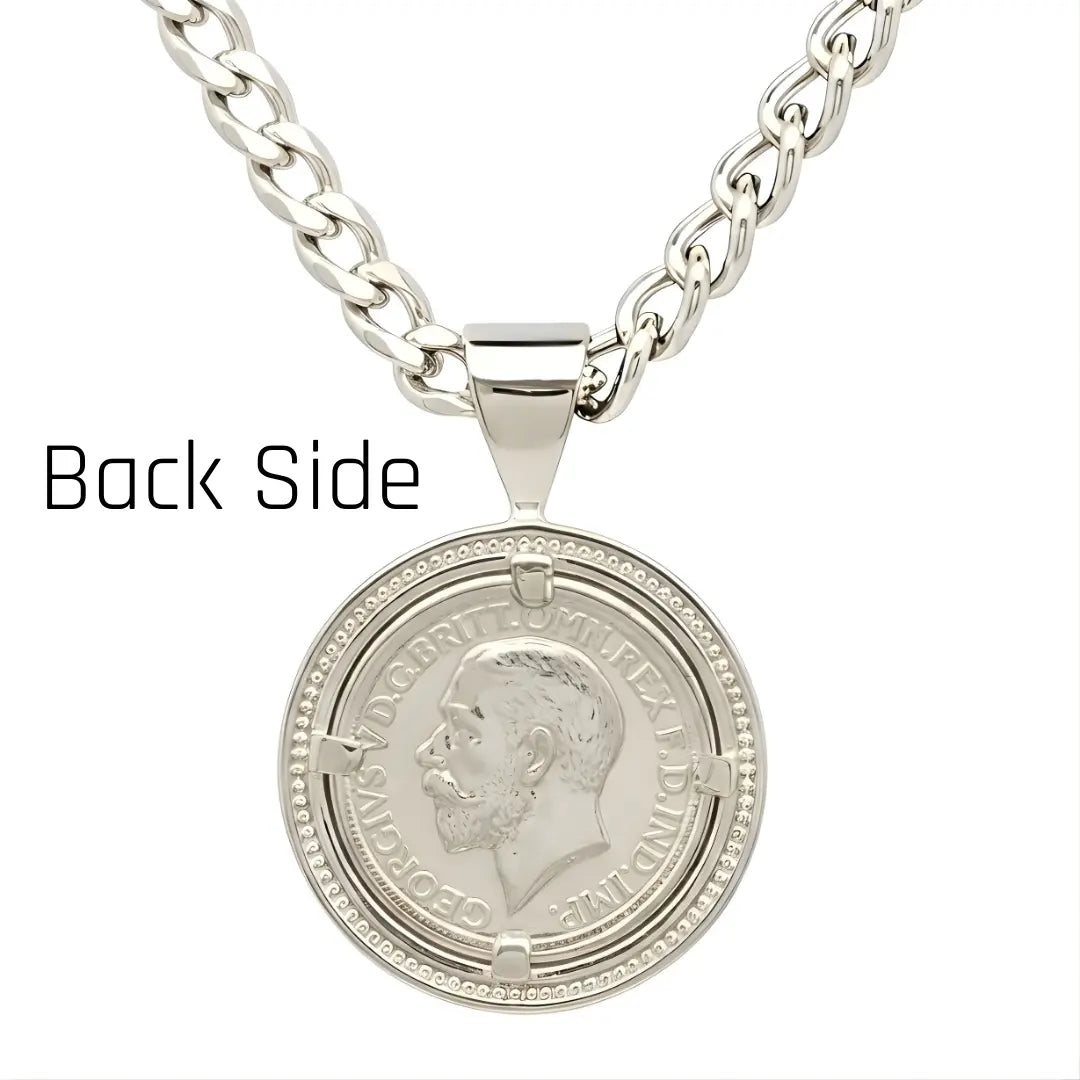 1913 Sovereign Pendant with Diamonds & Cuban Link Chain - Silver Rhodium Plated Tarnish-Proof