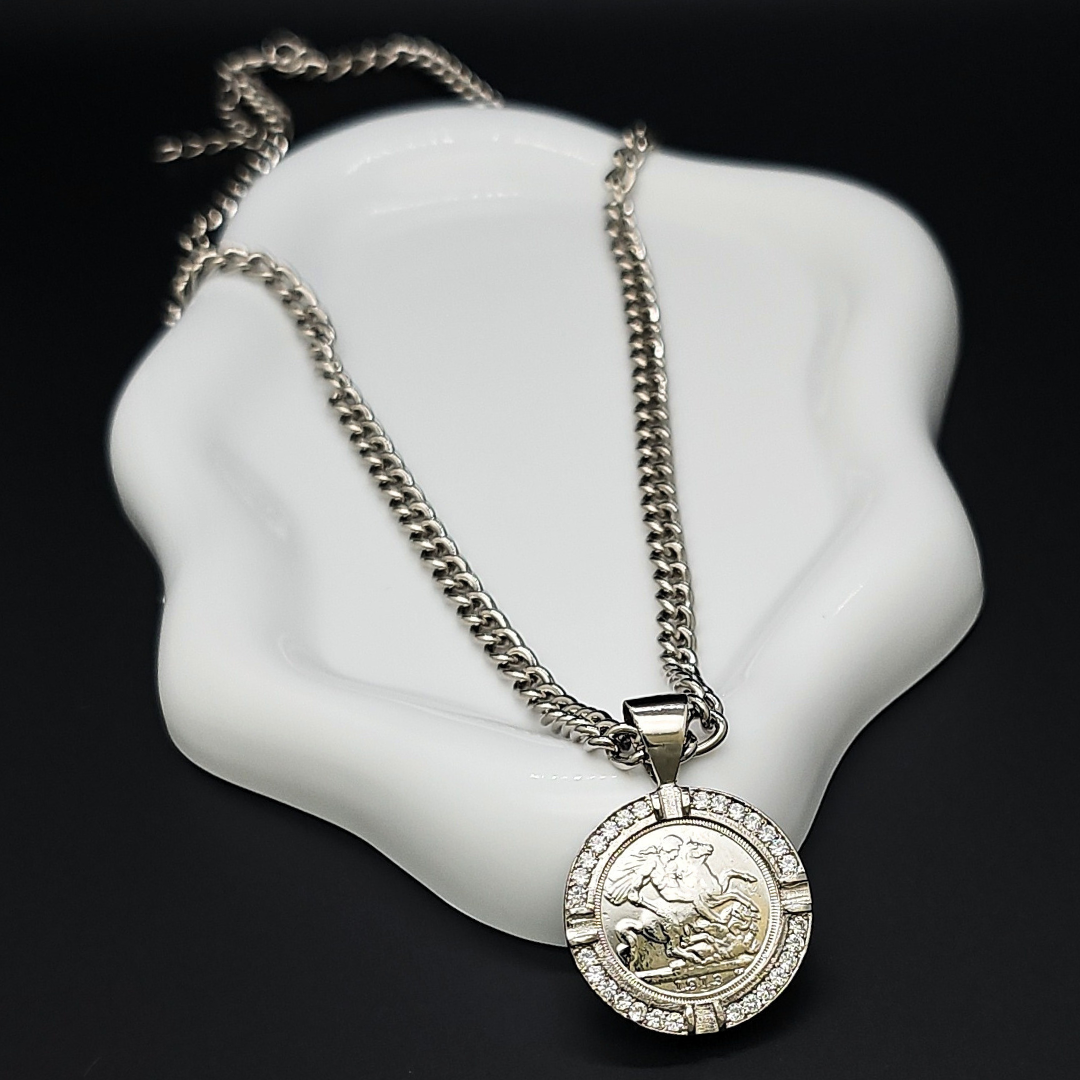 Silver  1913 Full Sovereign Pendant Necklace with CZ