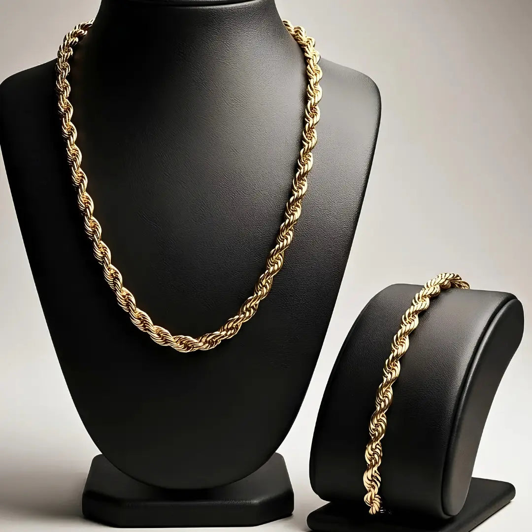 18K Gold Filled Rope Chain and Matching Bracelet Set (Unisex)