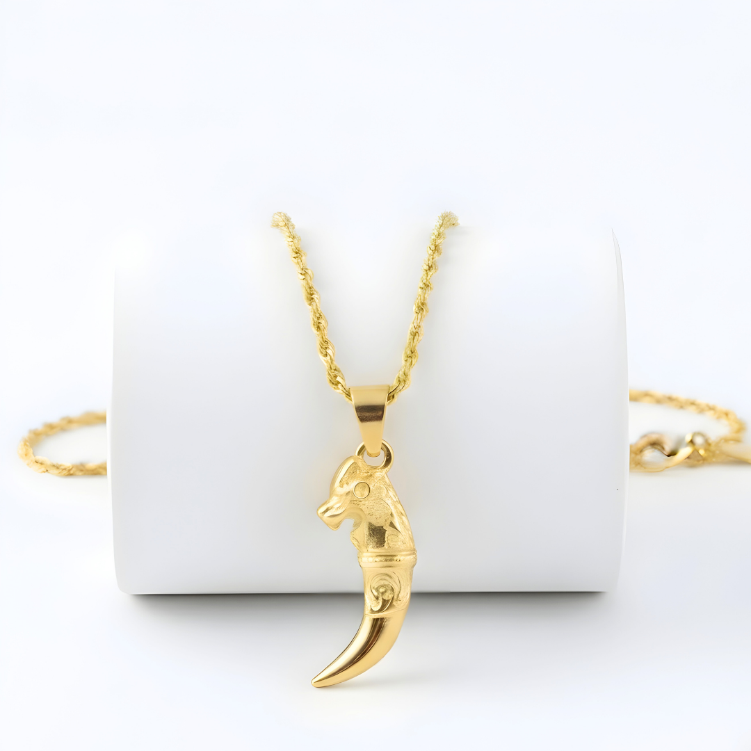 18K Gold Filled Lion Head Claw Tooth Pendant Necklace – Sculpted Animal Fang Rope Chain Necklace for Men & Women