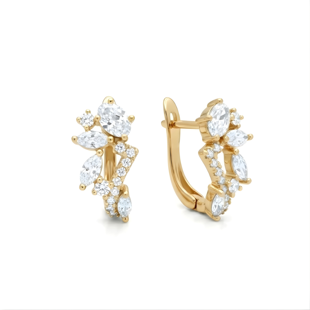 18K Gold Filled Multi-Cut CZ Cluster Huggie Earrings – Oval & Marquise Crystal Floral Huggie Hoop Earrings for Women