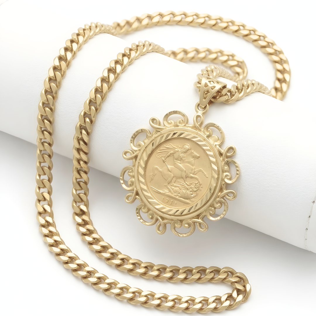 18K Gold Filled 1911 Sovereign Pendant Necklace with 60cm Cuban Link Chain