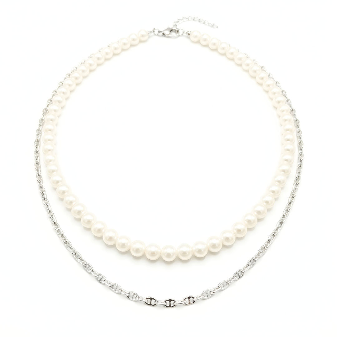 Silver Rhodium Plated Chain & Pearl Duo