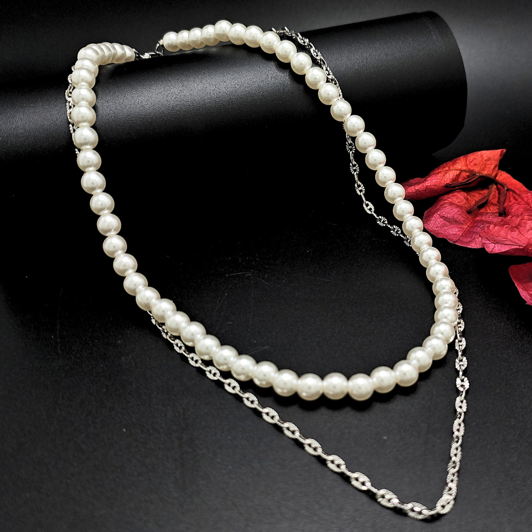 Silver Rhodium Plated Chain & Pearl Duo