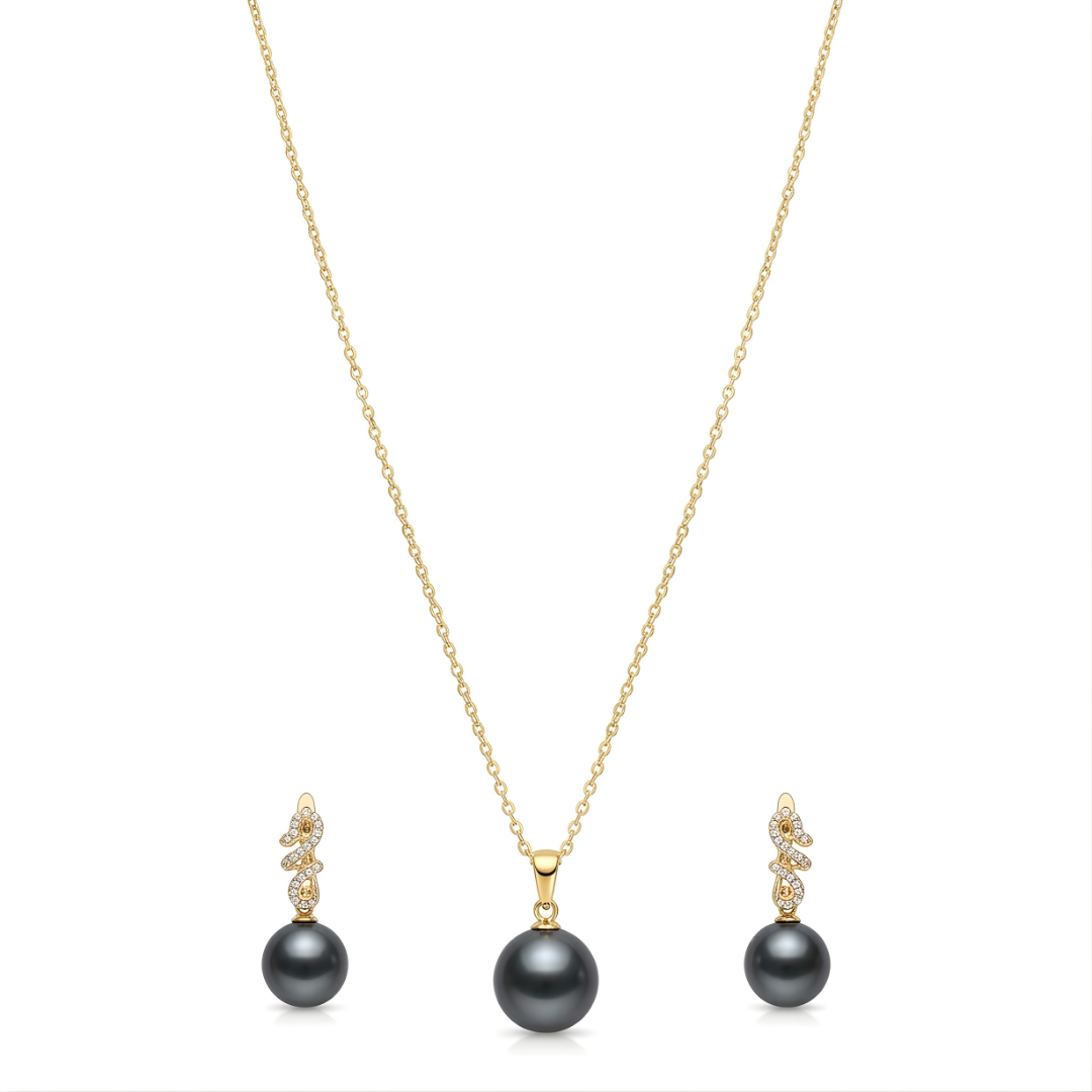18K Gold Filled Hawaiian Pearl Necklace with Diamond Huggie Earrings