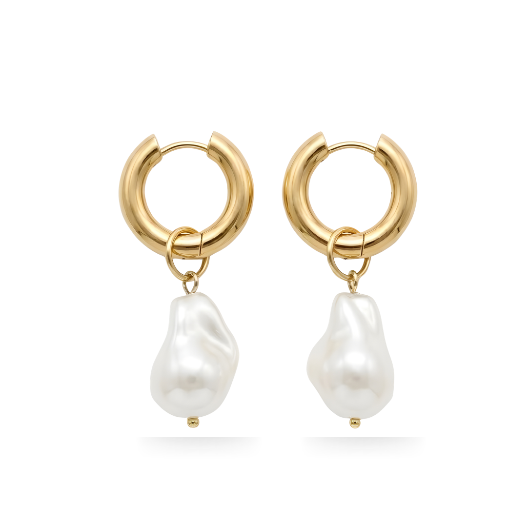 18K Gold Filled Chunky Hoop Earrings with White Baroque Pearl Drops – Organic Pearl Huggies for Women