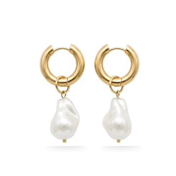 18K Gold Filled Chunky Hoop Earrings with White Baroque Pearl Drops – Organic Pearl Huggies for Women