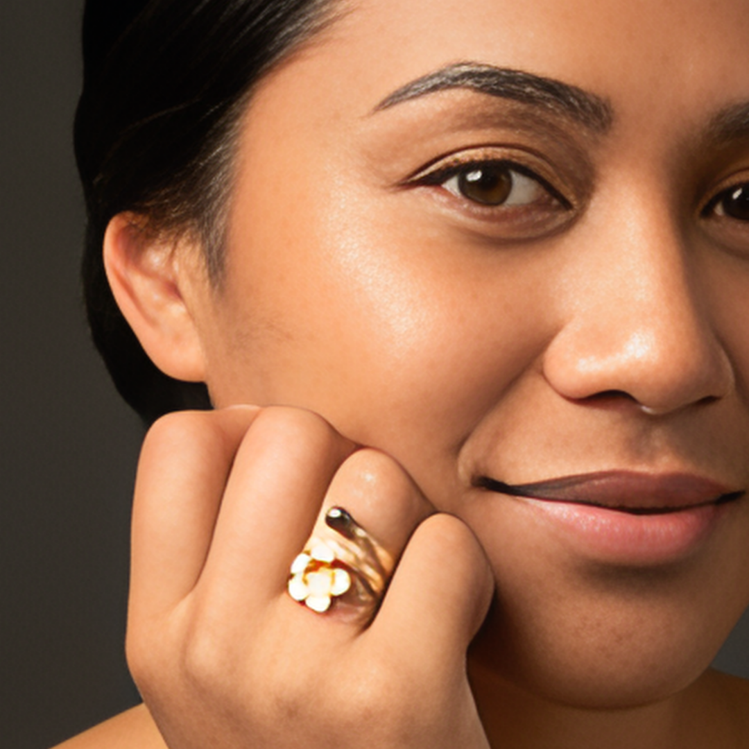 18K Gold Filled Hawaiian Plumeria Ring with Black Pearl