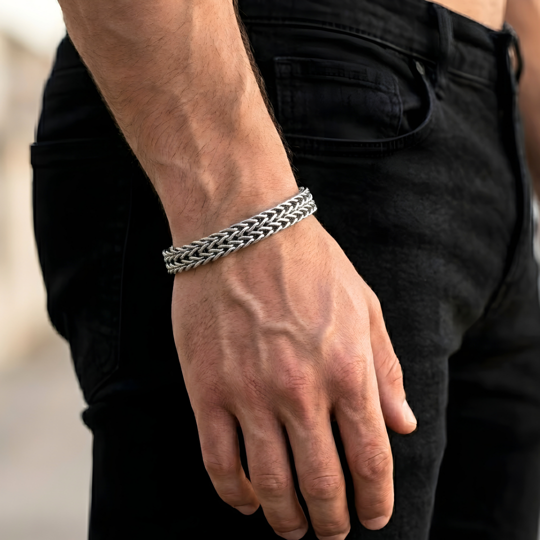 Silver Woven Wheat Chain Bracelet for Men (23cm) – Heavyweight Intricate Mesh Franco Link Bracelet