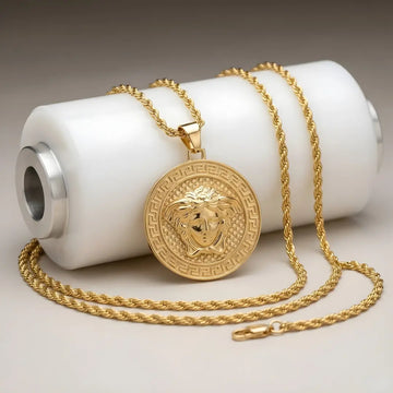 18K Gold Filled Large Greek Medusa Head Medallion Pendant Necklace – Greek Key Rope Chain Necklace