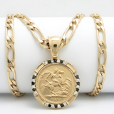 18K Gold Filled Sovereign Coin Pendant Necklace – 1911 St. George Coin with Black & White Diamond Halo Figaro Chain Necklace