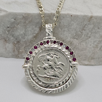 Load image into Gallery viewer, Silver Rhodium Plated Sovereign Pendant Necklace with Ruby &amp; CZ
