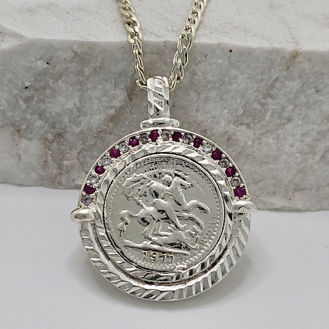 Silver Rhodium Plated Sovereign Pendant Necklace with Ruby & CZ