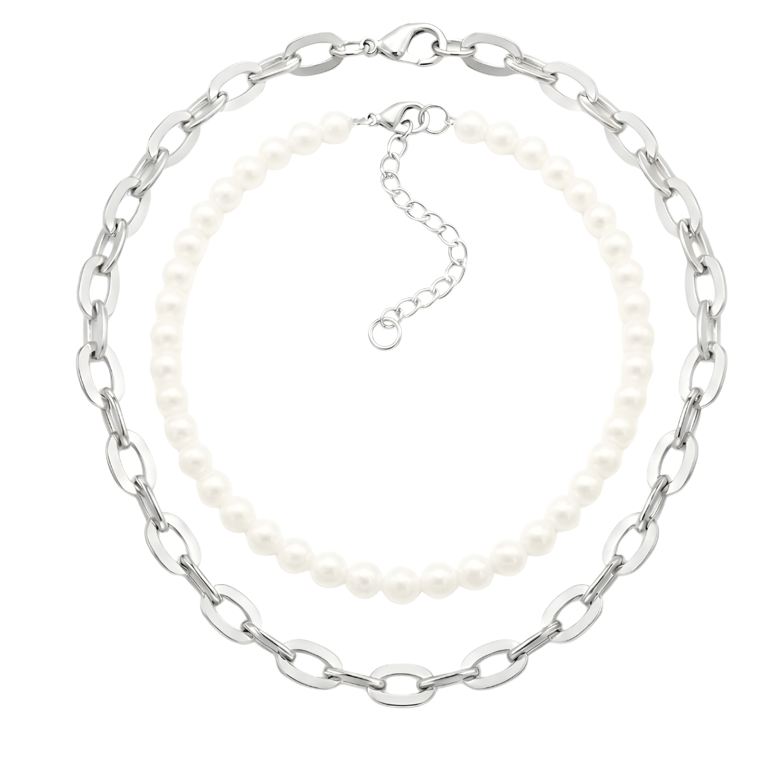 Silver Large Oval Link & Pearl Duo Layered Necklace Set – Chunky Paperclip Chain & Pearl Necklace Set for Men & Women