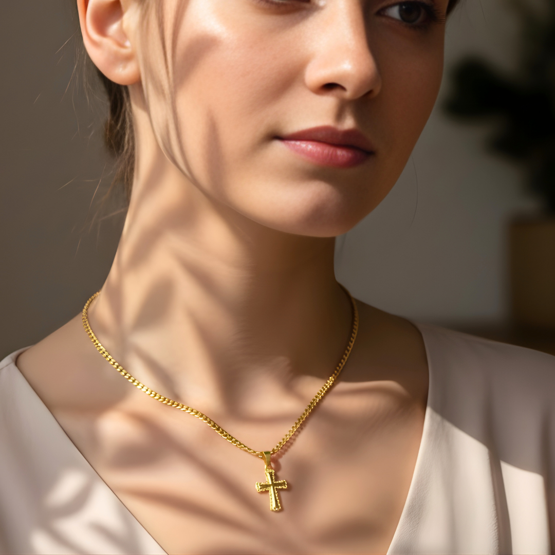 18K Gold Filled Cross Pendant Necklace with Cuban Link Chain