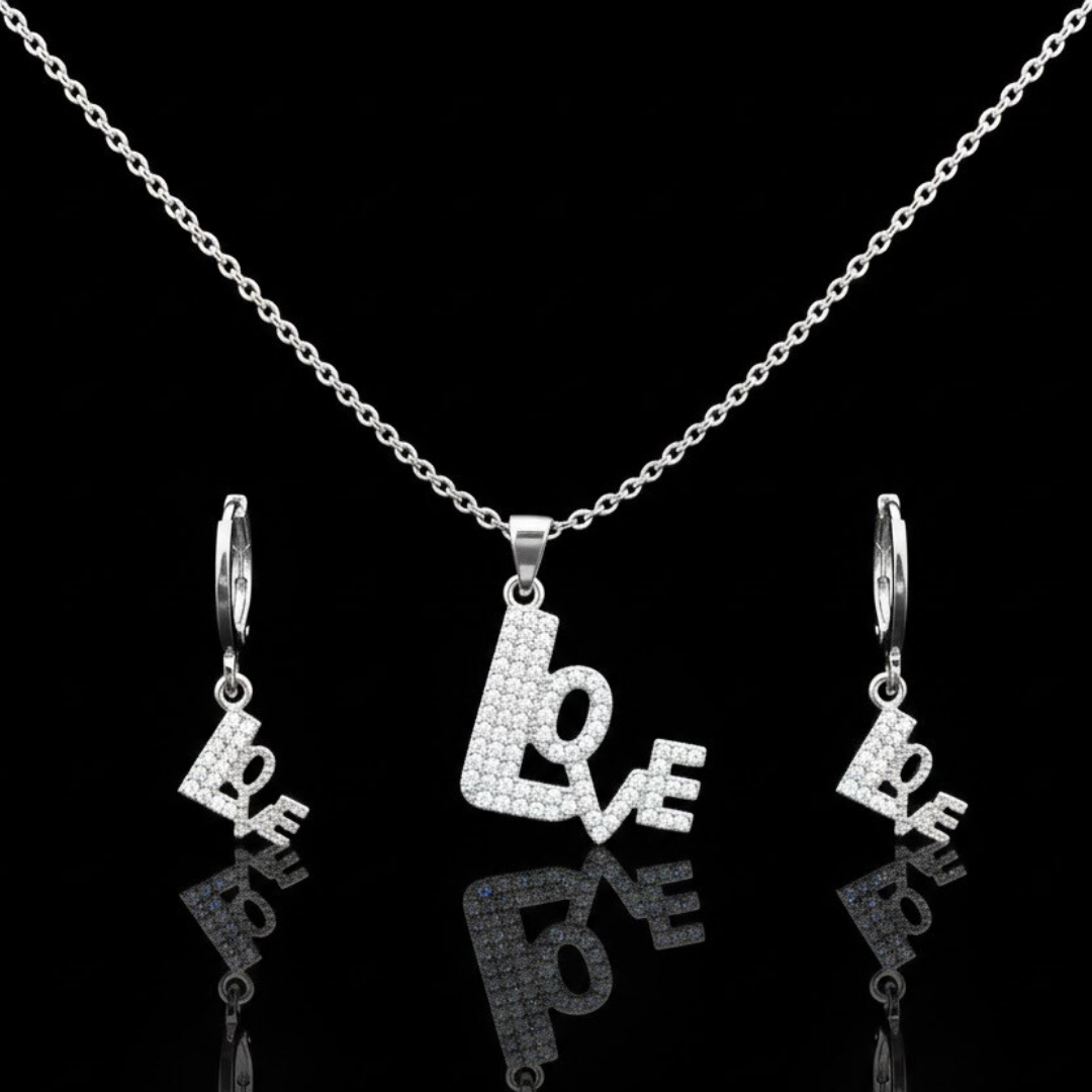 18K Rose Gold Filled LOVE Pendant Necklace With Earrings