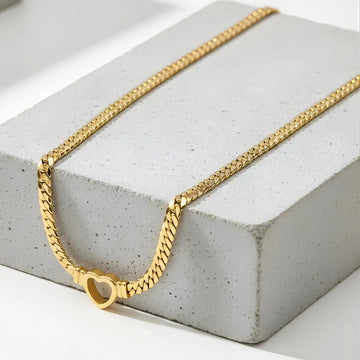 18K Gold Filled Central Heart Cuban Link Chain Necklace – Bold Statement Collar Necklace for Women